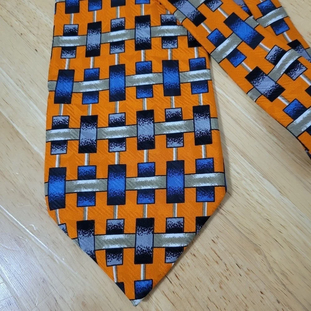 Robert Talbott Studio Men's Tie Orange/ Blue   Geometric Silk Printed‎ Necktie